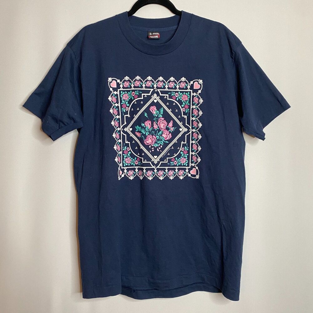 Vintage Single Stitch T-Shirt Valentine Artsy Crafty Puff Print Hearts Roses XL